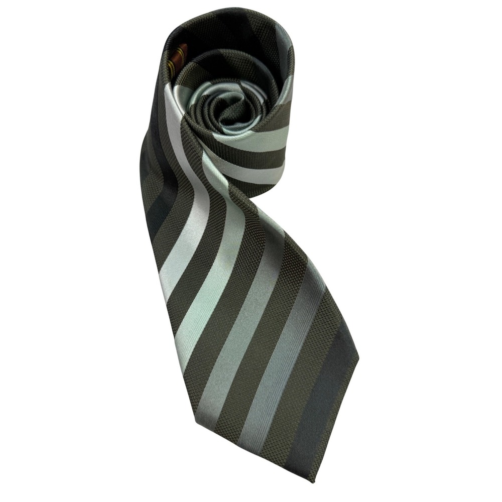 BCBG Attitude Necktie Green Grey Striped Excellent Silk Hand‎ Sewn